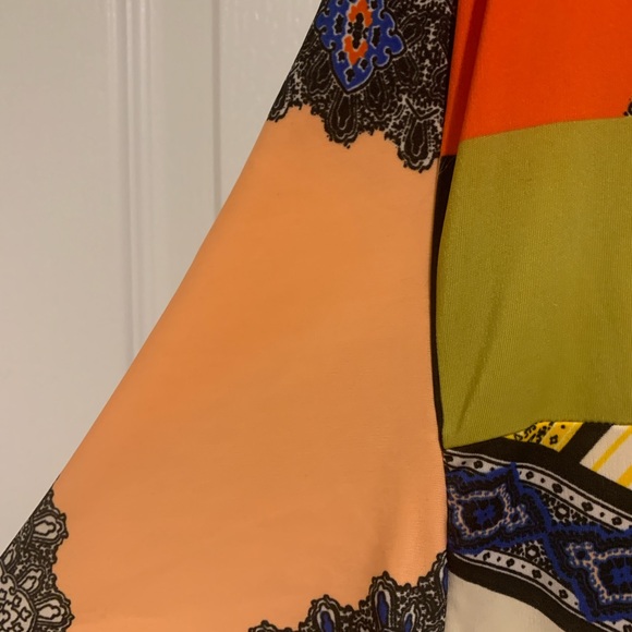 Boston Proper Orange, Blue, Tan, and Black Maxi Dress with scarf waist tie. - Picture 5 of 8